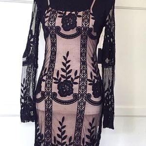 Black sheer embroidery nude cocktail evening dress fringe hem Forever 21